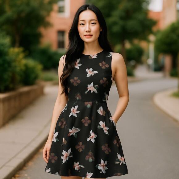 Banana Republic Floral Racerback Fit & Flare Dress Sleeveless Black Women 6 Tall - Picture 1 of 10